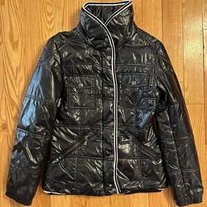 Sweewe Paris Shiny Black Quilted Puffer Jacket Coat Winter Pocket Zipper Snap S
